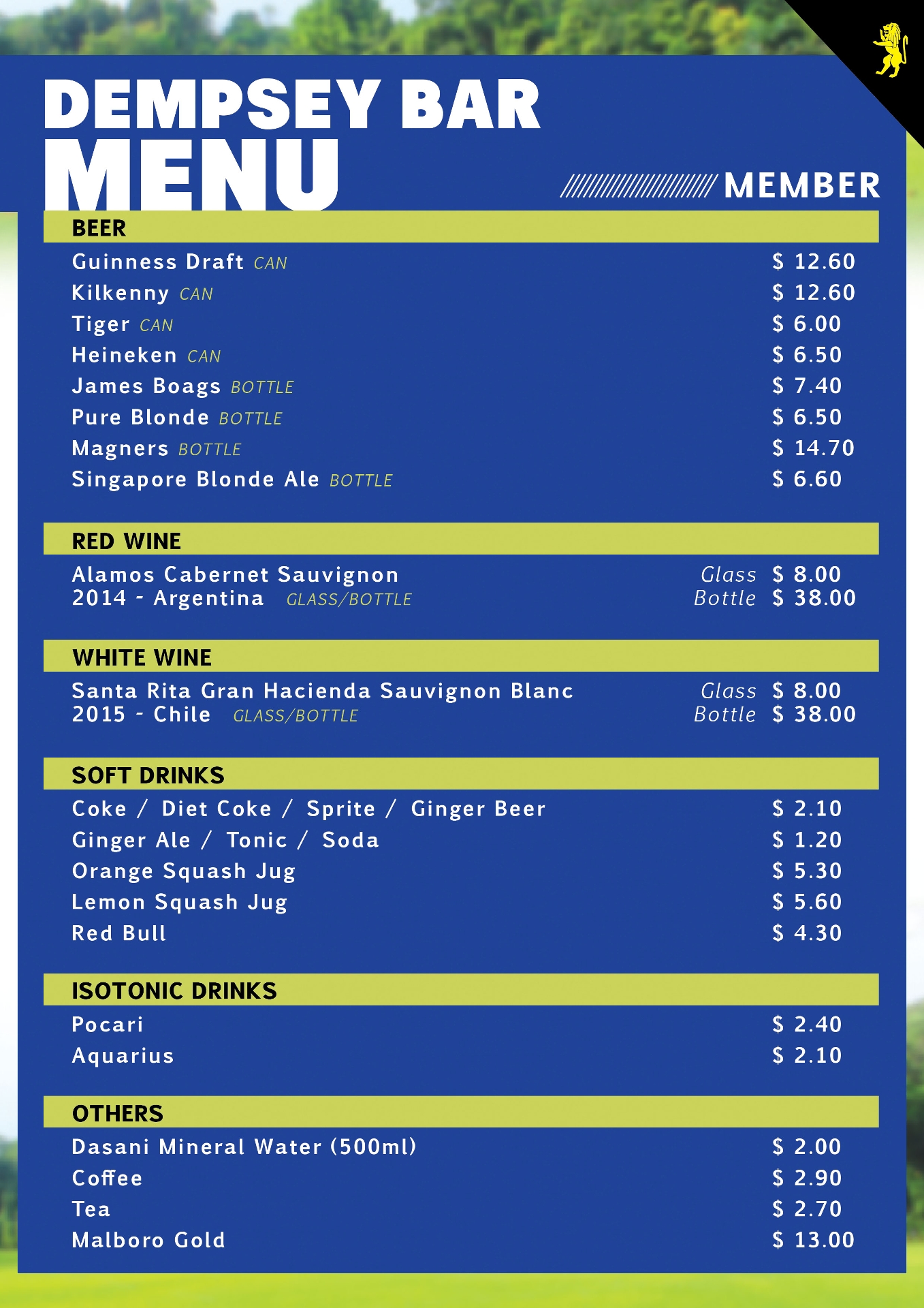 DEMPSEY BAR DRINKS MENU